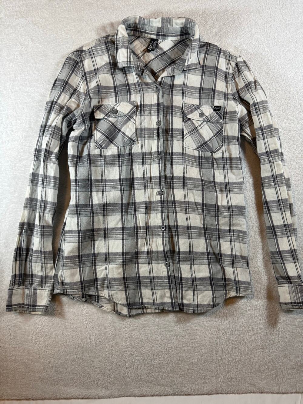 Fox Racing Women’s Medium Gray White Plaid Flannel Button Up Shirt Y2K